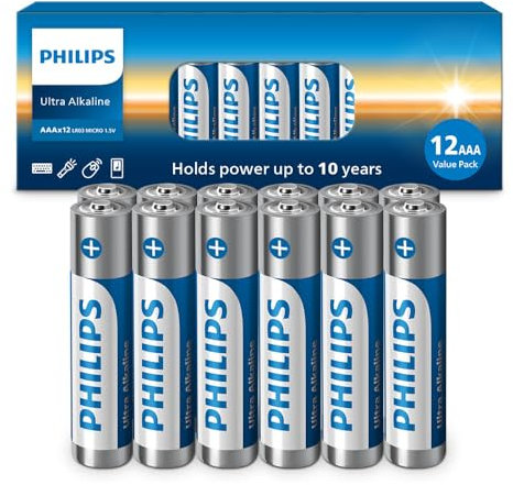 PHILIPS AAA Batteries, Ultra Alkaline Triple AAA Batteries 12 Pack, 1.5v Batteries AAA Size Pack, Ultimate Long-Lasting Power for High-Drain Devices, 10-Year Shelf Life, Durable Leak-Proof Design.