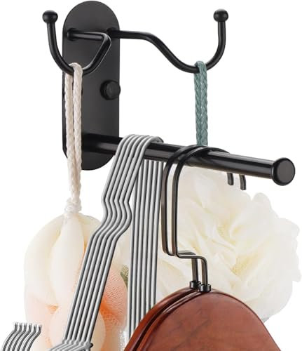 Retractable Clothes Hanger Storage Organiser Rack with Double Coat Hooks ,Wall Mounted Metal Clothes Hanger Hooks, Adhesive or Drilling Installation for Bathroom Bedrooms Hanging Hook Rack (Black)