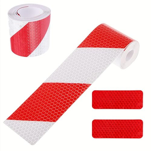 Alriedy 2 Pcs Selbstklebendes,Reflektorband Selbstklebend,3m x 5cm,Absperrband Rot Weiß,Reflektoren Aufkleber für Autos Anhänger Sicherheit, Wetterfestes Warnband für Outdoor-Einsatz