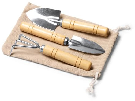 Juego de jardinería con 3 Accesorios realizados en Acero Inoxidable y Mango en bambú - Set Herramientas de Jardín: Pala Grande, Pala transplante y rastrillo en Caja Eco