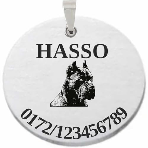 INDIGOS UG - Cane Corso - Hundemarke mit Gravur rund - Wunschtext personalisiert - Edelstahl 40mm - Namensschild Halsband - Dog Tag - Anhänger Marke für Hunde & Welpen