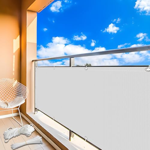 MEEYI Balkon Sichtschutz Balkonabdeckung 1.5x3m, Balkonumspannungen Balkonverkleidung Wetterfest UV-Beständig Sichtschutzmatte Ohne Bohren mit Ösen für Balkon Terrasse Schwimmbad, Weiß
