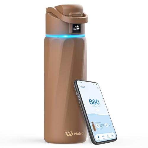 WATERH BOOST - Botella de agua inteligente con recordatorio y rastreador, botellas de acero inoxidable con aislamiento al vacío de doble pared, 710 ml, Marrón moca