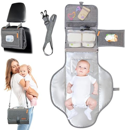 UBRAVOO Tragbare Wickelunterlage – Wickeltasche für unterwegs mit Tasche für Feuchttücher, tragbare Wickelunterlage mit intelligentem Design, Geschenk für neugeborene Mädchen und Jungen (grey)