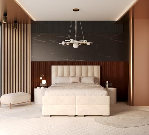 FDM Boxspringbett Polsterbett Stauraumbett Springbett mit Bettkasten 140x200, 160x200, 180x200cm hochwertigem Velours - mit gepolsterten Kopfteil (Paris-Creme, 180x200)