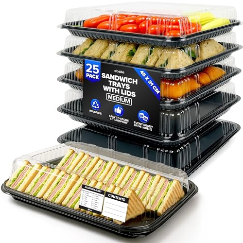 ebake Sandwich Platter Trays with Lids - Reusable Catering Trays with Lids - Party Food Trays for Tea Time Snacks, Sandwiches, Cake, Treats, Sushi and Meal Prep (25 Pack - 39 x 29cm)