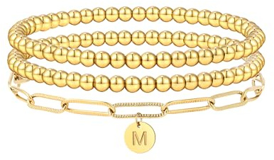 SKENUDY 14K Gold plated Stapelbar Initial M Perlen Armband für Frauen mit Buchstaben Anhänger Stretch Trendy Stack Schmuck Set für Valentinstag Schmuck Geschenke