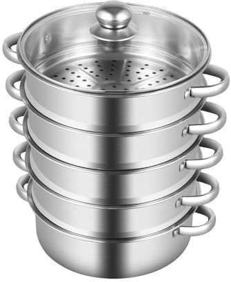 5 Tier 26cm Stainless Steel Steam Cooker Steamer Steamer Cooking Steam Container Stack and Steaming Pan Set Glass Lid for Cooking Food Double Handle Stackable Design Silver