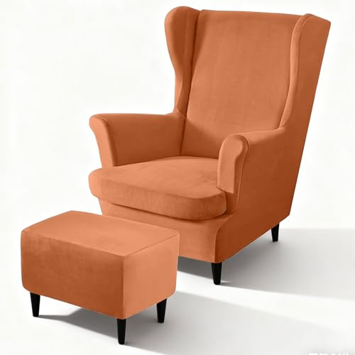 Chingcoo 3-Teilig Samt Ohrensessel Überwurf mit Fußhockerbezug (ohne Stuhl), Stretch Samt Sesselhusse, Elastischer Schonbezug Stuhlbezug Hohe Rückenlehne für Sessel, Waschbar (Apricot Orange)