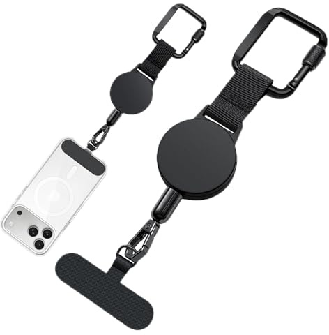 New&Teck Einziehbare Anti-Diebstahl-Telefonhalterung mit 2 schwarzen Patches – Diebstahlsicherung mit Karabinerhaken, Edelstahl-Lanyard für Wandern, Klettern, Reisen, Radfahren