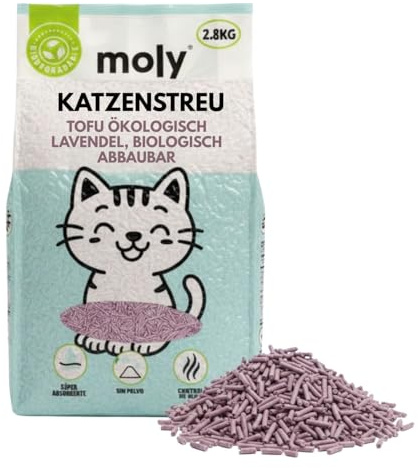 MOLY Ökologischer Katzenstreu aus Mais und Bambus, Lavendelduft, 2,8 kg/6,8 l, ökologischer Sand, Typ Tofu, natürliche Geruchsbekämpfung, biologisch abbaubar und saugfähig