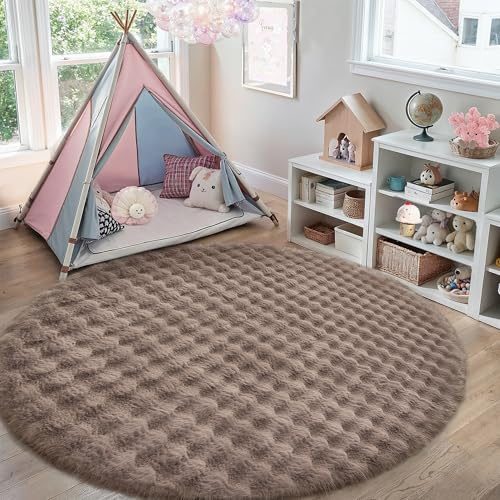PureCozy Teppich Rund 180cm Dunkelbraun Waschbarer rutschfest Weich Kunstfell Fellteppich Kurzflor Flauschiger Teppiche Kinderzimmer Bettvorleger Schlafzimmer Kinderteppich Runder Carpet