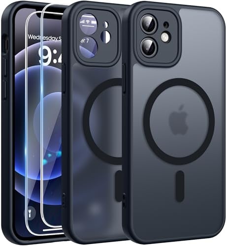 FLLAO for iPhone 12 Case, Magnetic Bumper Phone Case with 2 Tempered Glass Screen Protector, Full Camera Protection, Military-Grade Shockproof, Slim Translucent Matte Cover, Black | 2 Tempered Glass, Full Camera Protection, Military-Grade Shockproof, Slim Translucent Matte Hard Back Bumper Phone Cover