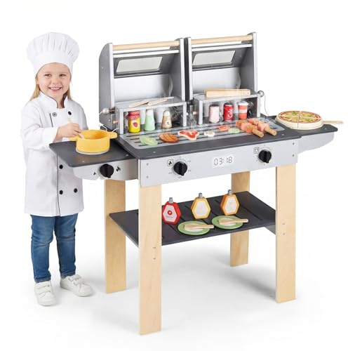 COSTWAY Cocina Juguete de Madera, Barbacoa de Juguete con Abundantes Herramientas y Alimentos de Juego, Juego de Parrilla de Barbacoa para Niños con 2 Parrillas y Tapas Plegables