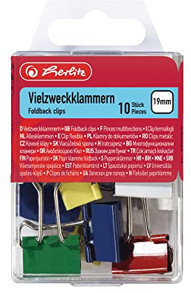 Herlitz Vielzweckklammer 19 mm, Metall, 10 Stück in Hängebox, farbig sortiert