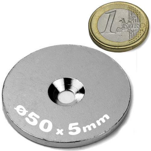 10 x Metallscheiben rund mit Loch (Senkbohrung) - Ø50mm x 5mm - aus Stahl (DC01) verzinkt - Metallplättchen rund mit Bohrung und Senkung (Senkbohrung) - Gegenstück/Haftgrund für Magnete, Menge: 10 Stück