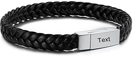 MeMeDIY Silber Ton Schwarz Edelstahl Echtleder Armband Manschette Geflochten Gravur