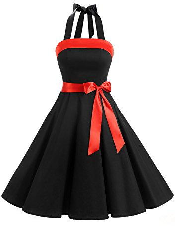 Timormode Damen Vintage Cocktailkleid Knielang Neckholder Swing Retro Rockabilly Kleid L Schwarz