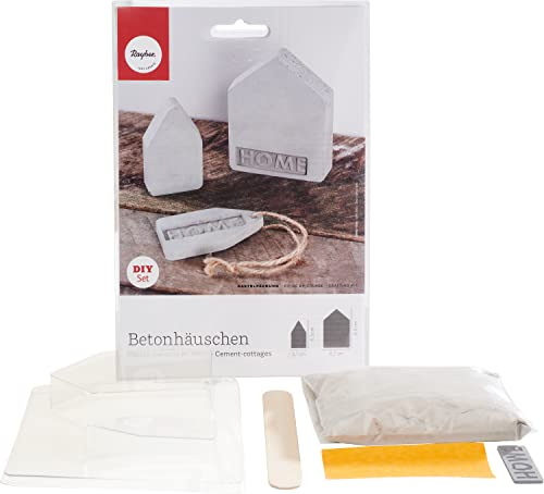 Rayher Kreativ-Beton Set „Häuschen“, DIY-Set mit 2 Hausformen, Label und hellgrauem Kreativ-Beton 250 g, Bastelbeton, Beton zum Basteln, Gießbeton, Kreatifbeton, 34370000