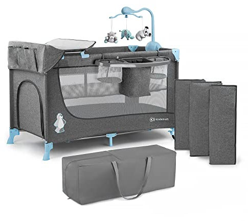 kk Kinderkraft Kinderreisebett JOY, Babybetten, Kinderbett, Reisebett, Praktisch, Modernes Design, Kleine Abmessungen nach Zusammenklappe, Räder, Tasche, Blau