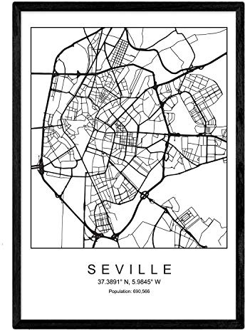 Nacnic Karte der Stadtkarte Sevilla Nordic-Stil in Schwarzweiss. Poster A4 mit schwarzem Rahmen gedrucktes Papier 250 gr. Bilder, Bettwäsche und Poster für Salon und Schlafzimmer
