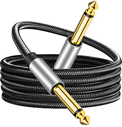 Jelly Tang 6.35mm Instrument Cable 3Ft,Silver Color Premium 6.35mm Mono Jack 1/4 TS Cable Unbalanced Guitar Patch Cords/Instrument Cable Male to Male with Zinc Alloy Housing and Nylon Braid(3Ft/1M)