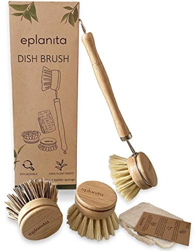 eplanita Cepillo de Vajilla Natural, 3 Cabezales de Recambio, Cepillos de Cocina de Bambú Ecológico, Esponja Vegetal Extra, Lavado sin Plástico, Limpieza Cero Residuos