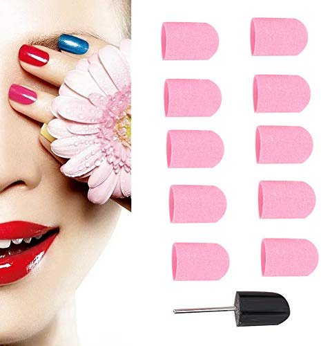 10 Schleifkappen + 1 Kappenträger Set, Kappenschleifer Gummiträger Fußpflege Nagelpflege, Elektrischer Nagelbohrer Pediküre Maschinenzubehör, Fräseraufsatz Hornhautschleifer für Maniküre (Pink)