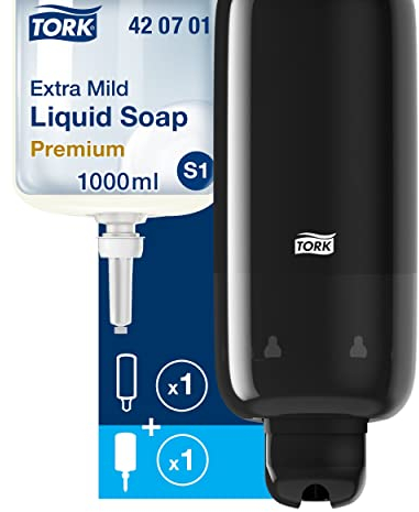 Tork Seifenspender für Flüssigseife - Sparsam, auslaufsicher S1/S11, Schwarz + Extra Milde Flüssigseife Nachfüllpackung, 1 x 1000 ml
