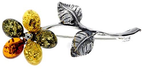 SilverAmber Jewellery Exklusive Blumen-Brosche aus echtem baltischen Bernstein und Sterlingsilber – 4015, 4.6 x 2.1 cm, Sterling-Silber, Bernstein