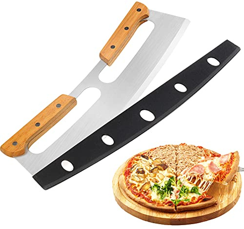 Pizza Cutter Rocker with Wooden Handles & Protective Cover by Zocy, 14 Sharp Stainless Steel Pizza Slicer Wheel, Big Pizza Knife Cutters for Kitchen Tool (14inch)