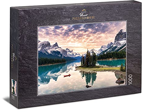 Ulmer Puzzleschmiede - Puzzle „Einsamkeit“ – klassisches Landschaftspuzzle mit 1000 Teilen - einsames Natur-Motiv aus dem Jasper-National-Park in Kanada mit einem einsamen Boot auf dem Maligne Lake