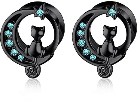 XINHE 1 Paar Schraube Ohr Tunnel Tunnel Stopfen Edelstahl Niedliche Katze Ohr Messgeräte Expander Stretcher Retro Piercing Schmuck,Schwarz,12mm(1/2)