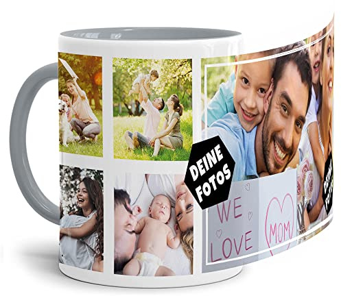 Foto-Tasse zum selbst gestalten mit Foto-Collage für 5 Wunschfotos - Geschenk für Familie, Freunde, Geburtstag, Weihnachten - Keramik Innen & Henkel Grau, 300 ml I Personalisiert