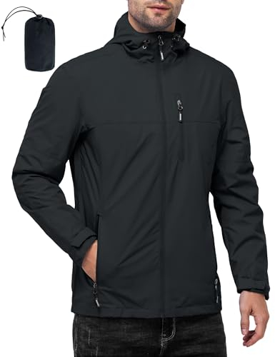 Outdoor Ventures Veste imperméable légère et coupe-vent pour homme, veste à capuche coupe-vent pour camping, pêche, course à pied, cyclisme, noir, taille L