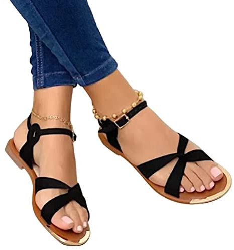 ORANDESIGNE Sandales Plates Femmes Chaussures Été Confortable à Talons Plats Nu Pieds Mode Tongs Plages Claquettes Semelle Matelassée Bout Ouvert Tressée G Noir 41 EU