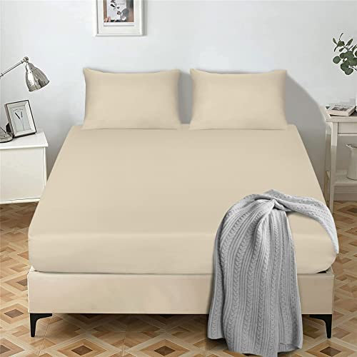My home store Fitted Sheet 25 cm Deep Brushed Microfiber Ultra Soft No-Iron Wrinkle-Resistant Plain Dyed Fitted Bed Sheets Hypoallergenic Breathable Sheets (Cream, King)