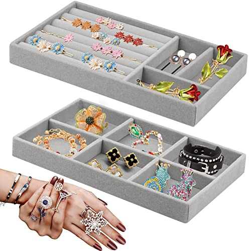Huanmin 2 Stück Schmucktablett Samt Schmuckaufbewahrung Aufnehmbar Schmuck Organizer Schublade Stapelbar Schmuckkästchen ersetzt für Halsketten&Armbänder&Ohrringe&Ringe&Uhren –Grau (A)