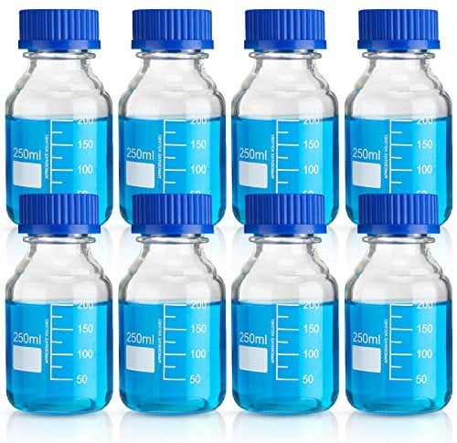 Irenare 8 Pieces Media Storage Bottles Borosilicate Storage Glass Scientific Round Graduated Media Bottle with Blue Gl45 Screw Cap for Lab Water Reagent Liquids(250 ml)