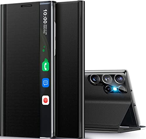 Handyhülle für Samsung Galaxy S23 Ultra Hülle S View Klappbar, Clear View Spiegel Flip Leder für Galaxy S23 Ultra Hüllen, Dünn Stoßfest Standfunktion Schutzhülle Cover für Samsung S23 Ultra 5G Tasche
