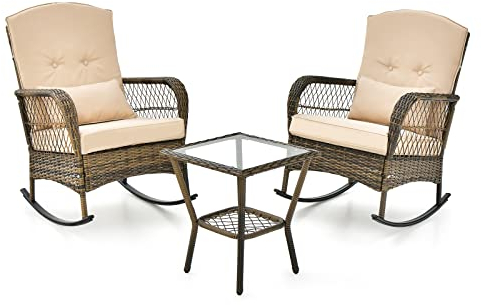 COSTWAY Salon de Jardin Extérieur 2 Places, 2 Chaises à Bascule en Rotin PE et Table d'Appoint en Verre Trempé, Coussins Inclus, Ensemble Table et Chaises de Jardin pour Balcon, Terrasse, Patio