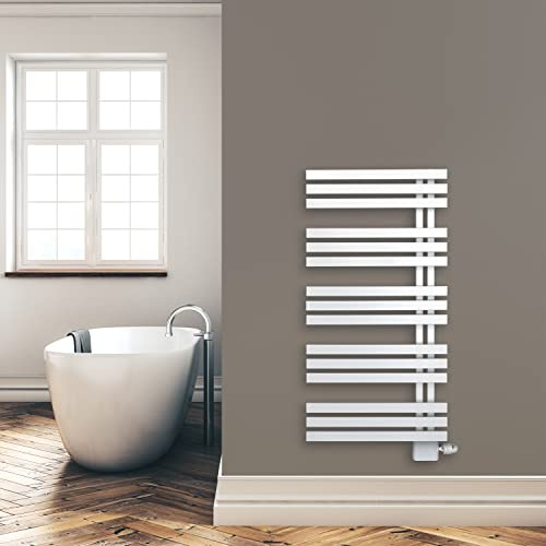 Design Badheizkörper Paneel mit Anschluss links oder rechts | Heizkörper mit versetztem Mittelanschluss (1200 x 600, Weiß) (464 Watt nach EN442)
