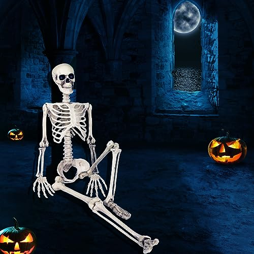 OZMI 165cm Halloween Skelett Lebensgroß, Groß Skelett Deko Kunststoff-Totenkopfskelett Halloween Deko Outdoor für Halloween-Party, Spukhaus, Bar, Hof, Friedhof, Dekorationen, Partyzubehör