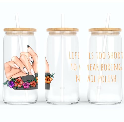 online-hut - Trinkglas - Longdrink Glas - Becher aus Glas inkl. Deckel und Strohhalm - mit Nails & Spruch - Boring Polish - A-NB-05-1 (Glitter Weiß)