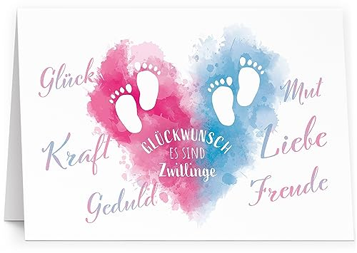 XXL Glückwunschkarte Zwillinge Junge Mädchen Rosa Blau (A4) zur Geburt hochwertige Klappkarte | Große Design Maxi Karte Grußkarte Glückwunsch mit Umschlag Zwilling