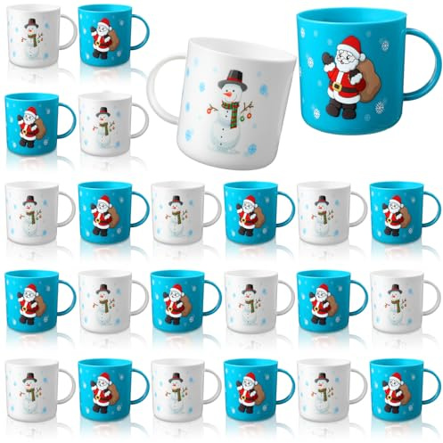 Yaomiao 24 Pcs Christmas Mug Set - Plastic Holiday Cups with Santa Claus & Snowman Designs - 8 oz Christmas Mugs for Gifts & Parties