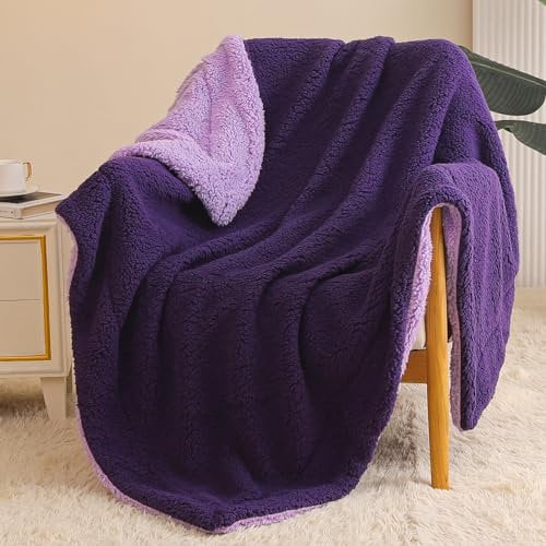 Exclusivo Mezcla Reversible Sherpa Fleece Throw Blanket for Couch, Thick and Warm Blankets for Winter, Soft Plush Fluffy, 127x152 CM, Deep Purple/Lilac