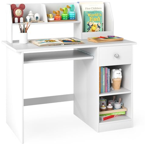 COSTWAY Kids Study Desk, Wooden Children Table with Drawer, Shelves, Hutch, Keyboard Tray, School Students Workstation for Studying, Reading and Drawing (White)