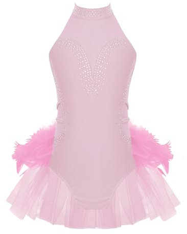 inhzoy Abito da Pattinaggio Artistica Strass Tutu Vestito Danza Classica Ballerina Body da Ginnastica Ritmica Abito da Ballo Latino Balletto Costume da Danza Moderna Jazz Rosa 11-12 anni