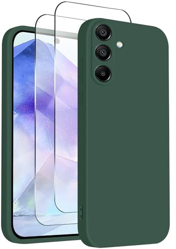 ISOI - Cover per Samsung Galaxy A55 5G, Custodia Morbida in Silicone Liquido, 2 Pack Pellicola Protettiva Vetro Temperato, Protezione Completa Antiurto Ultra Sottile per il Corpo - Verde Notte